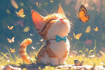 猫咪和蝴蝶的插画图片