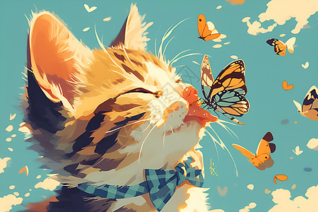 猫咪和蝴蝶互动图片