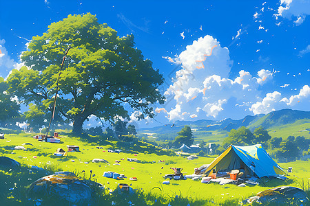 草地上的野营帐篷图片