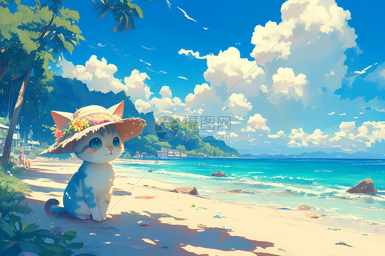 猫咪戴花帽坐在沙滩上图片