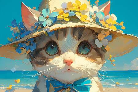 海滩上一只戴有鲜花草帽的猫咪图片