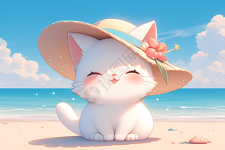 白猫戴着花帽坐在海滩上图片