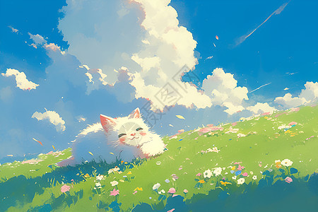 草地上的白猫图片