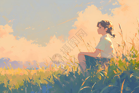 女孩坐在草地上图片