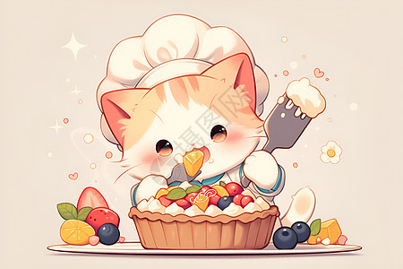 猫咪厨师享用水果蛋挞图片