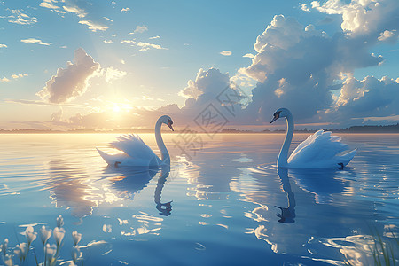 湖水中的两只优雅天鹅图片