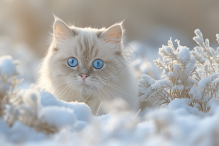 雪地漫步的蓝眼白猫图片