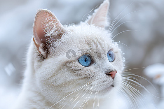 雪地漫步的蓝眼白猫图片