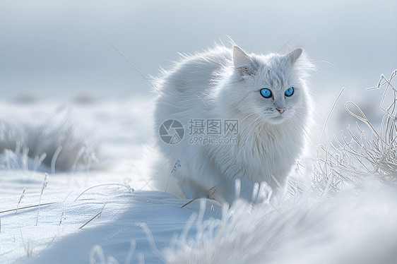 蓝眼白猫在雪野中探险图片