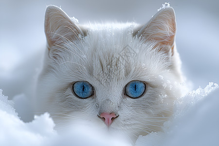 雪中蓝眼白猫图片