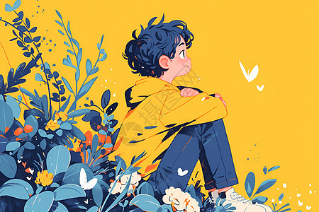 坐在花丛中的男孩图片
