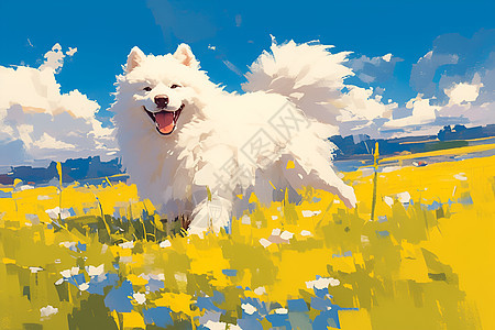 白色萨摩耶犬在户外奔跑图片