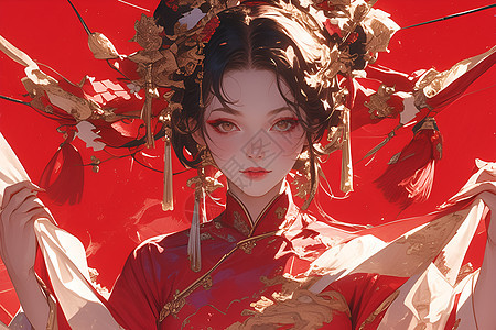 中国女孩身着红裙图片