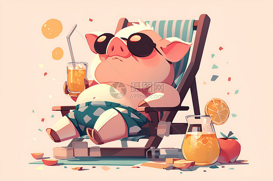 沙滩椅上的猪图片