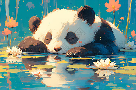 池塘上的熊猫图片