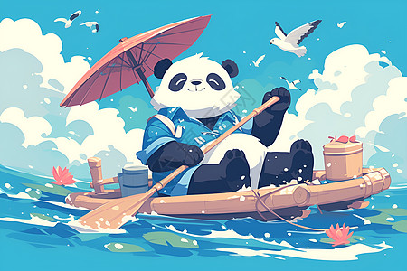 竹子通道木筏上徜徉的卡通熊猫插画