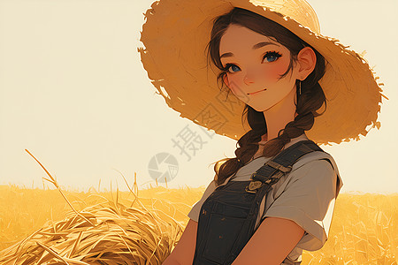 稻田中戴草帽的女子图片