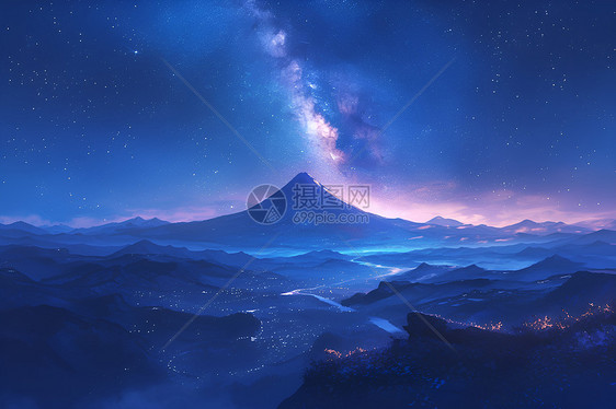 星空照耀下的山峰图片