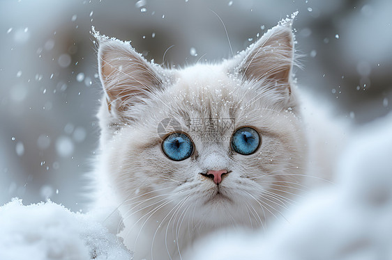 雪中蓝眼猫图片