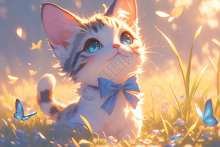 小猫戴着可爱的蝴蝶结图片