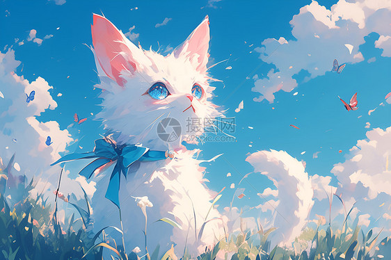 草丛中的白色猫咪图片