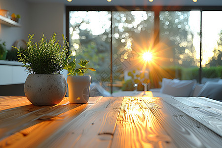 阳光透过窗户照耀在木桌上图片