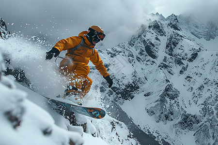 雪山中冒险滑雪的人物图片