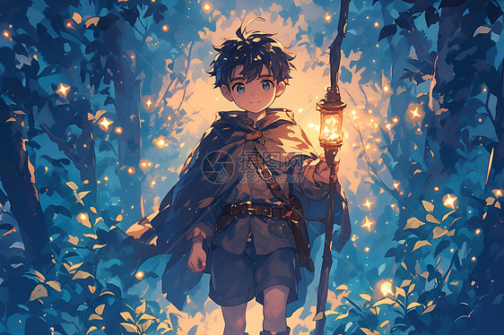 森林中的男孩插画图片