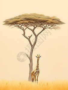树木下的长颈鹿背景图片