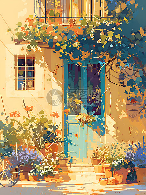 蓝色的门和鲜花图片