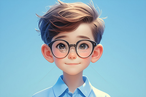 蓝衬衫男孩戴眼镜图片