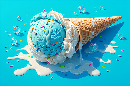 冰淇淋融化的蓝色桌面上图片