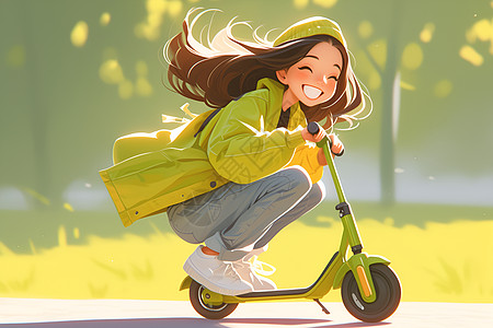 快乐小女孩骑着滑板车穿梭在公园中图片
