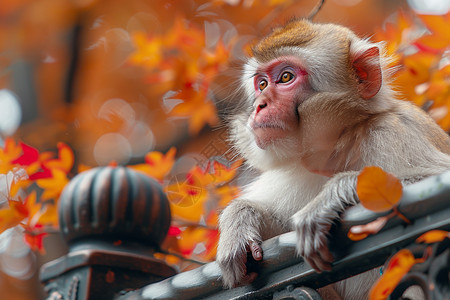猴子坐于金属栏杆上图片