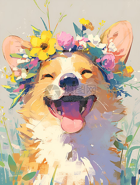 夏日花冠的柯基犬笑容满面图片