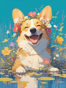 可爱的柯基犬戴着花环图片