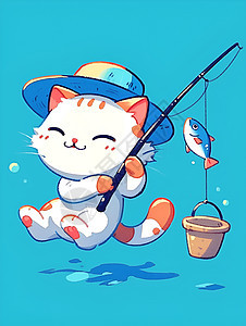 可爱白猫拿着鱼竿图片