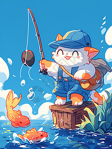 可爱的白猫在河边钓鱼图片