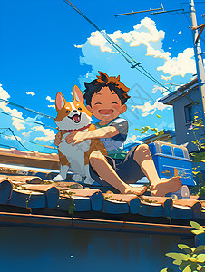 屋顶上的男孩和小狗图片