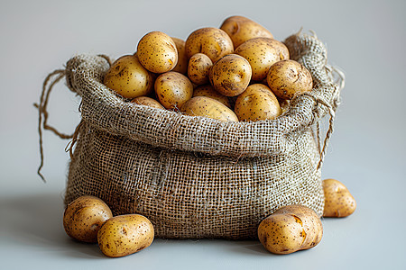 新鲜的土豆放在麻袋里图片