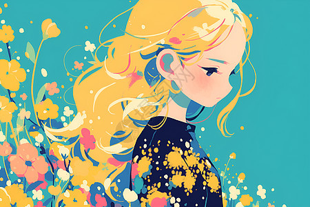 花丛里的金发女孩图片