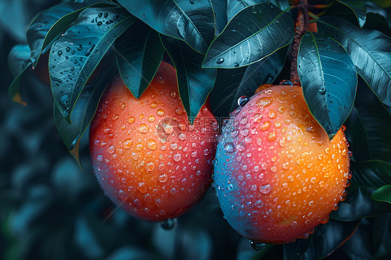 成熟芒果上的水滴图片