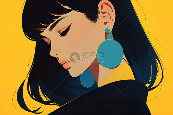 清新现代女性拥有黑发蓝耳环图片
