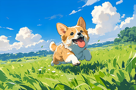 快乐的柯基犬在阳光下奔跑图片