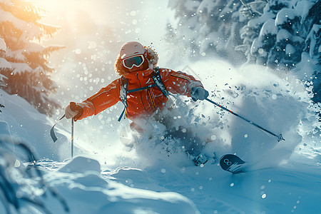 滑雪者在阳光下飞速下山图片