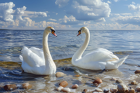 湖水上两只游动的天鹅图片