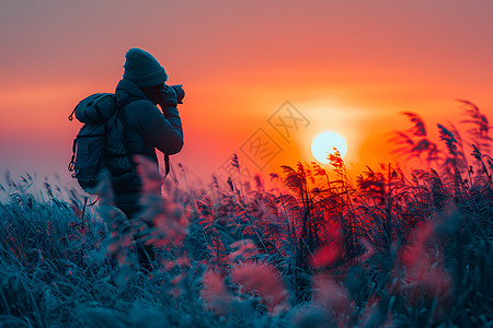 夕阳下摄影师摄影师在草地上拍摄夕阳背景