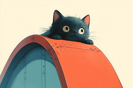 黑猫勇敢趴在橙色建筑上高清图片