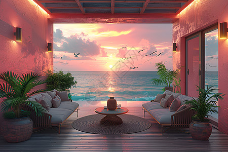 夕阳下的海景度假公寓图片