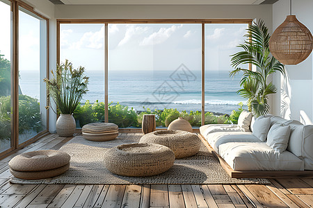 海景温馨客厅里的沙发图片